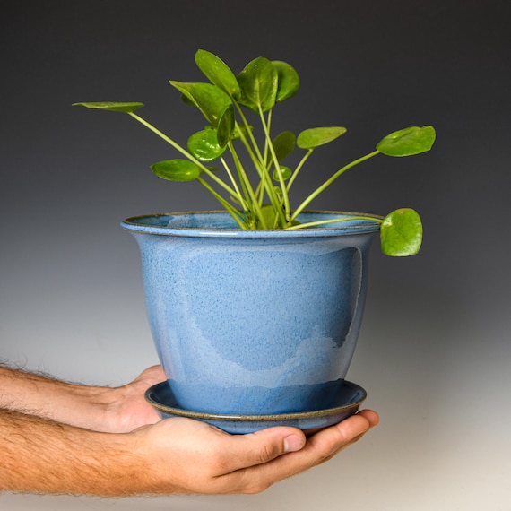 Ceramic Planter with Drainage Holes in Blue Glaze, Stoneware Plant Pot #601