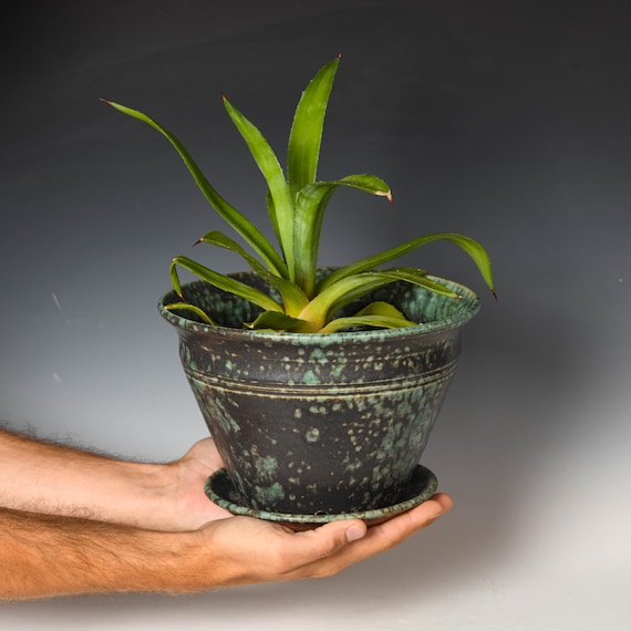 Wheel Thrown Planter with Drainage Holes | Stoneware Plant Pot | Green & Black Glaze #89