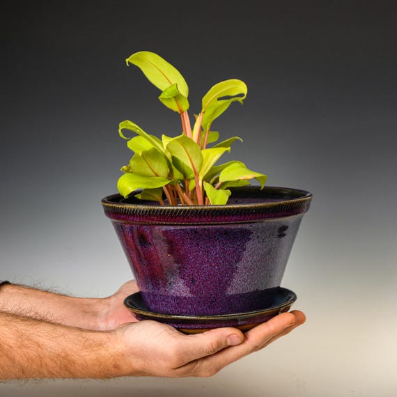 Pottery Planter with Drainage Holes in Purple Glaze, Wheel Thrown Flower Pot, Stoneware Plant Pot #542