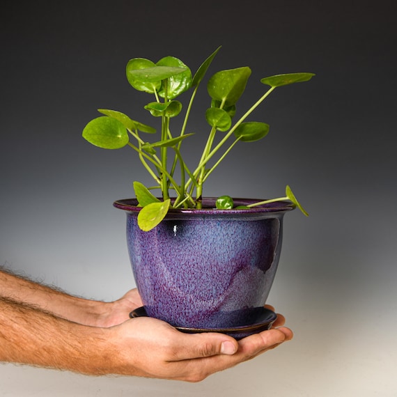 Ceramic Planter with Drainage Holes in Purple Glaze, Stoneware Plant Pot #600