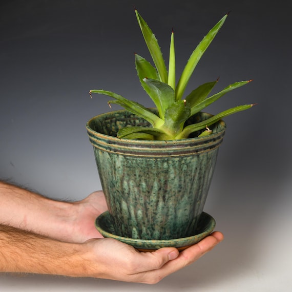 Wheel Thrown Planter with Drainage Holes | Stoneware Plant Pot | Green Glaze #4