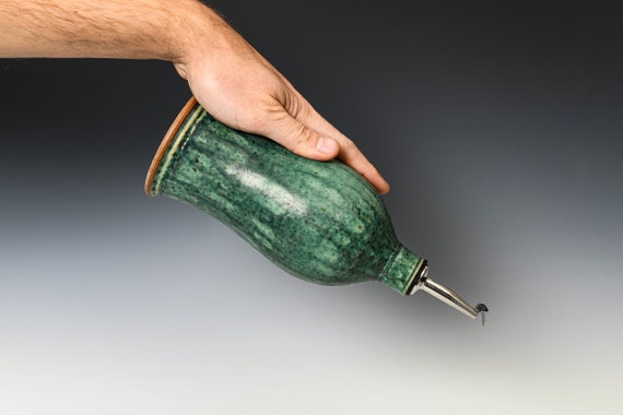 Olive Oil Bottle in Green Glaze, Stoneware Vinegar / Maple Syrup Dispenser, Ceramic Cooking Oil Cruet