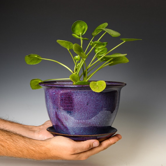 Ceramic Planter with Drainage Holes in Purple Glaze, Stoneware Plant Pot #612
