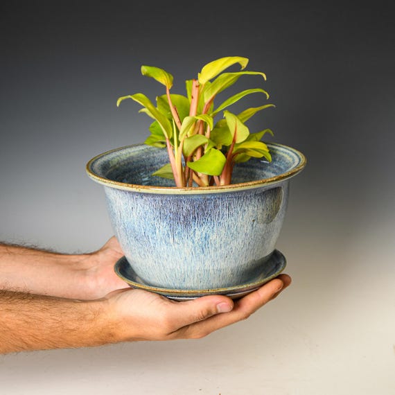 Ceramic Planter with Drainage Holes in Blue & White Glaze, Stoneware Plant Pot #566