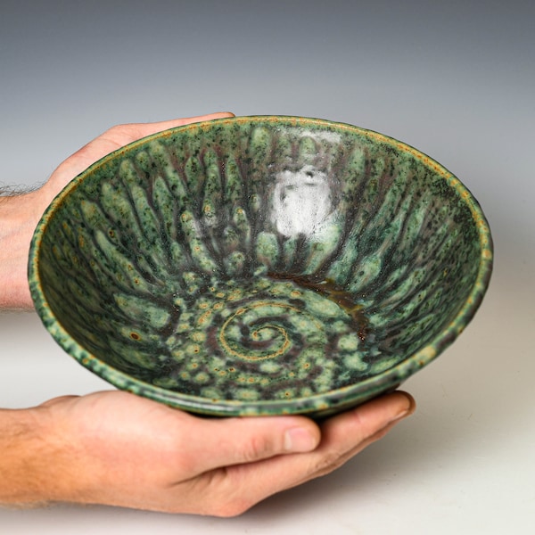 Ceramic Serving Mixing Bowl in Green & Black Glaze, Fruit or Salad Art Bowl, Handmade Decorative Pottery Centerpiece #38