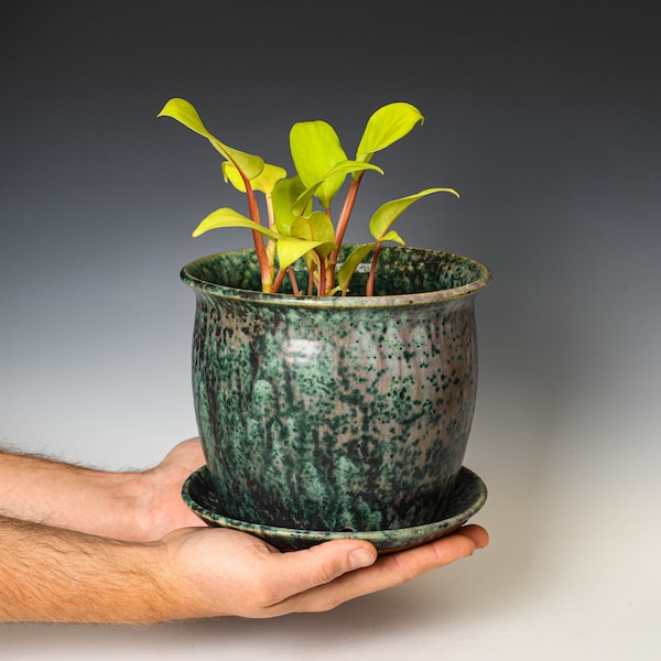 Pottery Planter with Drainage Holes in Green Glaze, Wheel Thrown Flower Pot, Stoneware Plant Pot #125