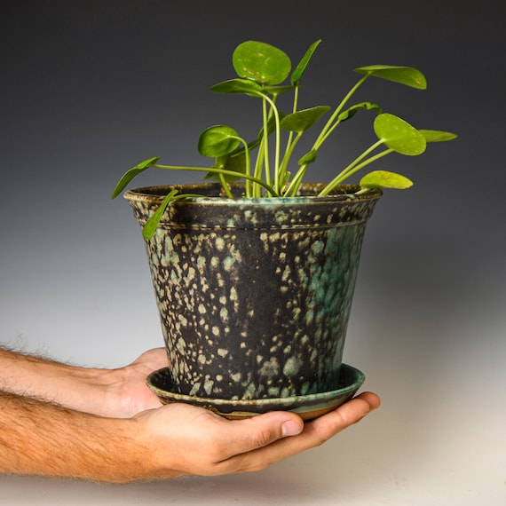 Ceramic Planter with Drainage Holes in Green & Black Glaze, Stoneware Plant Pot #617