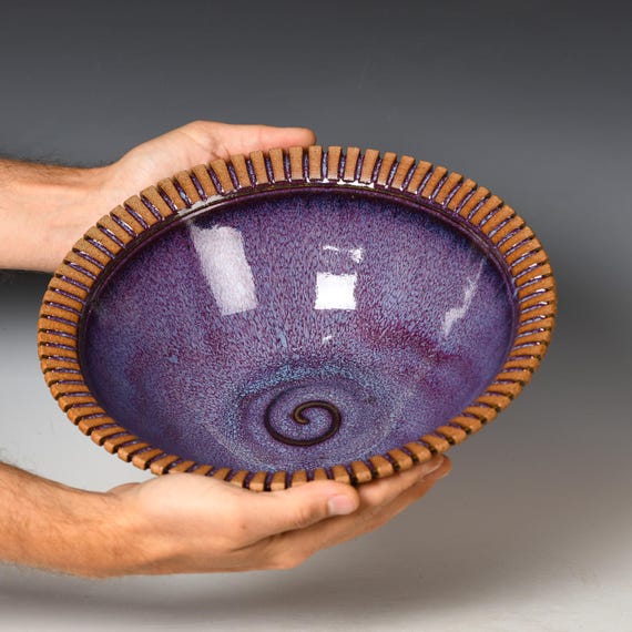 Hand Carved Serving Bowl | Wheel Thrown Centerpiece | Purple Glaze #14