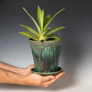 Wheel Thrown Planter with Drainage Holes | Stoneware Plant Pot | Green & Black Glaze #40