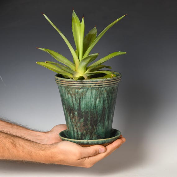 Wheel Thrown Planter with Drainage Holes | Stoneware Plant Pot | Green & Black Glaze #40