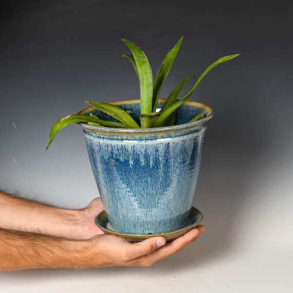 Ceramic Planter with Drainage Holes | Stoneware Plant Pot | Blue & White Glaze #83