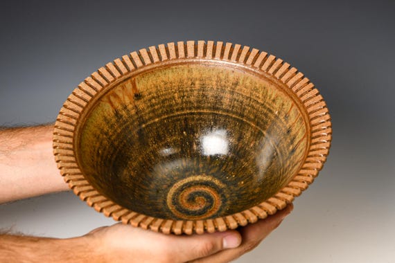 Ceramic Serving / Decorative Bowl with Carved Rim / Yellow Ash Glaze #84
