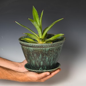 May include: A green agave plant with pointed leaves sits in a tapered, dark teal and brown glazed ceramic pot. The pot features a textured rim and a matching circular saucer base, showcasing a mottled, variegated finish across the exterior surface.