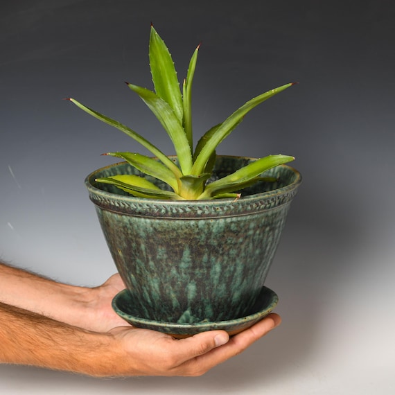 Ceramic Planter with Drainage Holes | Stoneware Plant Pot | Green Glaze #56