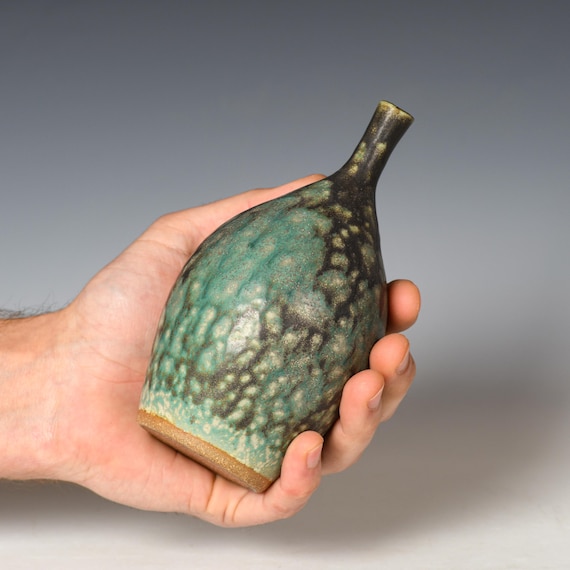 Small Wheel Thrown Flower Bud Vase | Green & Black Glaze #2