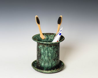 Toothbrush Holder in Green Glaze, Ceramic Toothpaste Cup, Dishwasher Safe