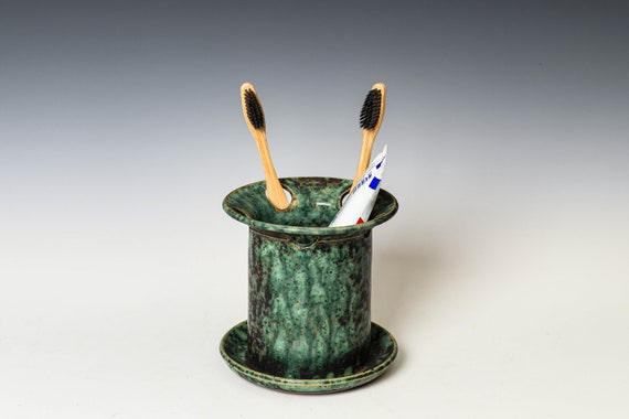 Toothbrush Holder in Green Glaze, Ceramic Toothpaste Cup, Dishwasher Safe