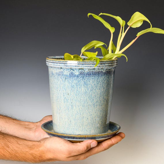 Wheel Thrown Planter with Drainage Holes in Blue & White Glaze, Stoneware Plant Pot #668
