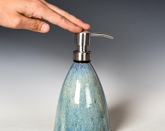 Ceramic Soap Pump Dispenser | Blue & White Glaze | Reusable Lotion Bottle