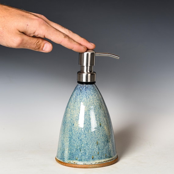 Ceramic Soap Pump Dispenser | Blue & White Glaze | Reusable Lotion Bottle