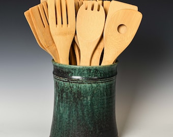 Ceramic Utensil Holder in Green Glaze, Stoneware Kitchen Organizer Crock for Spoons