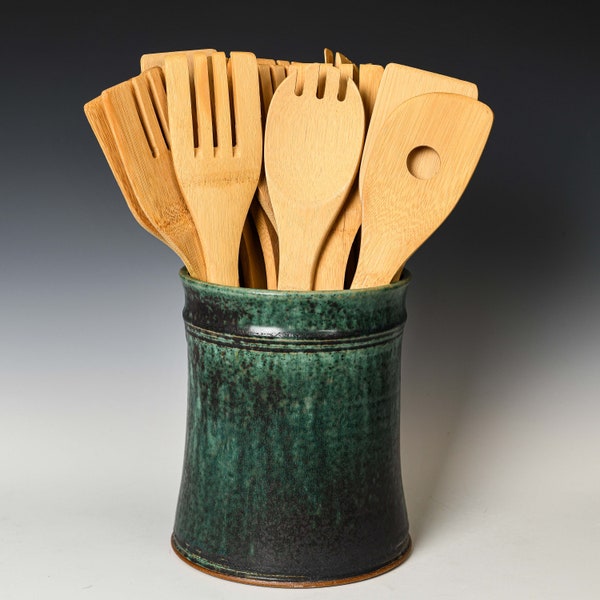 Ceramic Utensil Holder in Green Glaze, Stoneware Kitchen Organizer Crock for Spoons