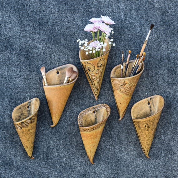 Ceramic Wall Pocket | Yellow Ash Glaze | Stoneware Hanging Planter