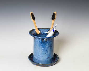 Toothbrush Holder in Blue Glaze, Ceramic Toothpaste Cup, Dishwasher Safe