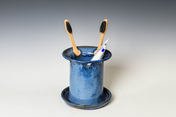 Toothbrush Holder in Blue Glaze, Ceramic Toothpaste Cup, Dishwasher Safe