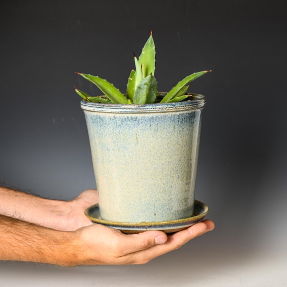 Wheel Thrown Planter with Drainage Holes in Blue & White Glaze, Stoneware Plant Pot #702