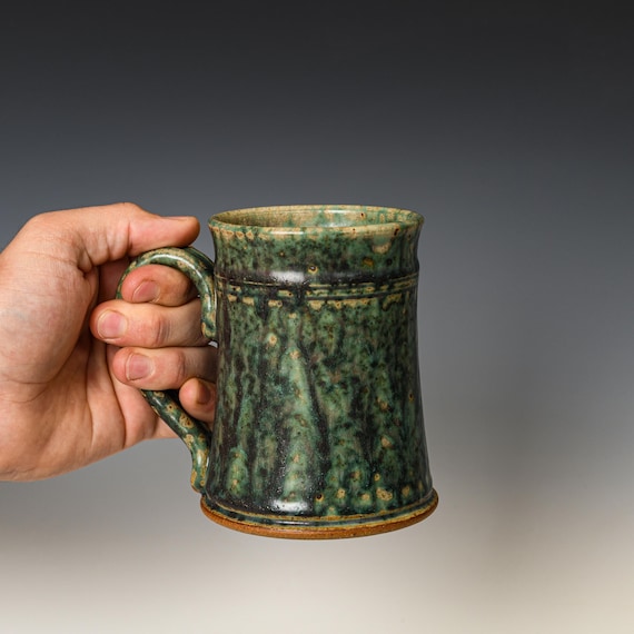 Ceramic Tea or Coffee Mug in Green Glaze, Handmade Stoneware Pottery Mugs