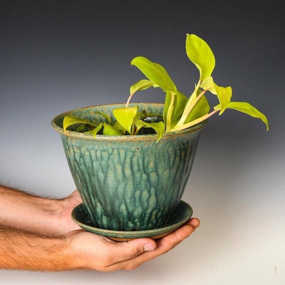 Ceramic Planter with Drainage Holes in Green Glaze, Stoneware Plant Pot #655