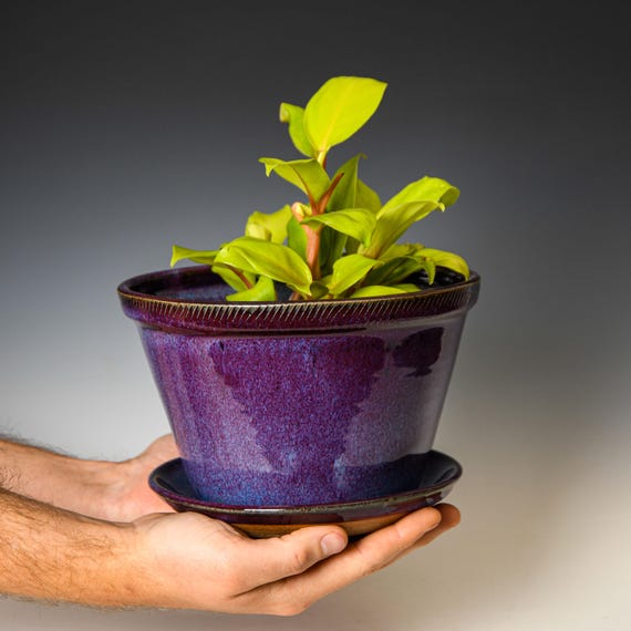 Pottery Planter with Drainage Holes in Purple Glaze, Wheel Thrown Flower Pot, Stoneware Plant Pot #519