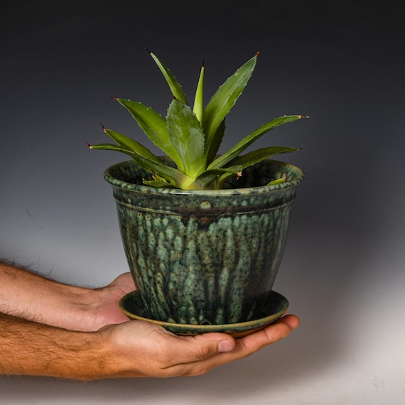 Wheel Thrown Planter with Drainage Holes in Green Glaze, Stoneware Plant Pot #758
