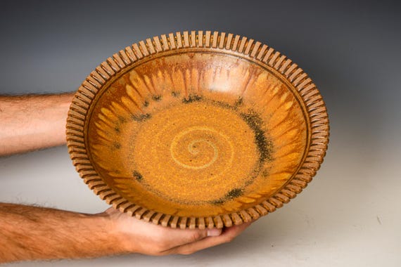 Ceramic Serving / Decorative Bowl with Carved Rim / Yellow Ash Glaze #81