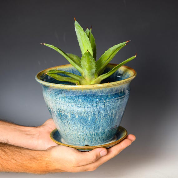 Ceramic Planter with Drainage Holes in Blue & White Glaze, Stoneware Plant Pot #730