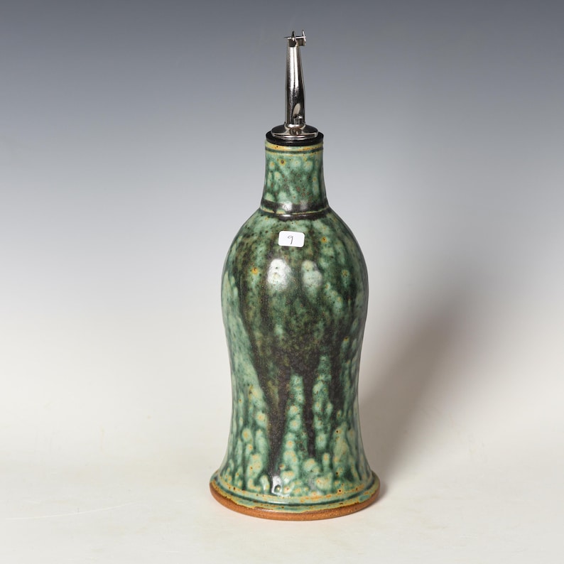 Green Glaze Olive Oil Bottle: Stoneware Cruet Dispenser