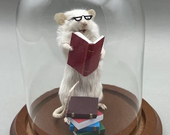 Bookworm Librarian Taxidermy Mouse with Glasses Reader Author Writer Reading Books Book Lover Student Avid Reader Library