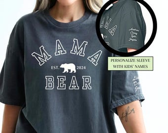 Personalized Mama bear Comfort Colors shirt with kids names on sleeve gift for mom