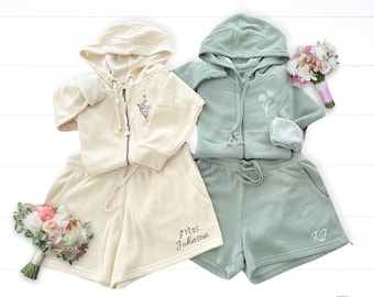 Personalized Birth Month flower Bridal getting ready outfit custom zip up hoodie with joggers or shorts gift set for bridesmaids proposal