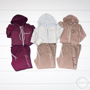Getting ready outfits for bridesmaids zip up hoodie, bride groom getting ready outfit, custom sweatpants, personalized bridesmaid gifts