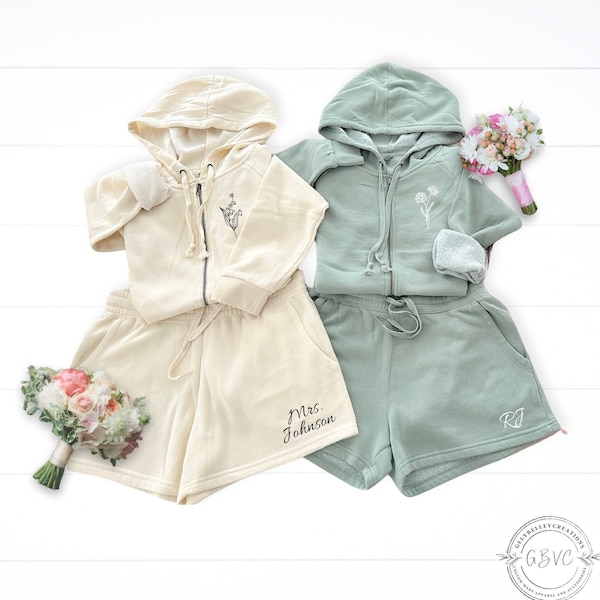 Personalized Birth Month flower Bridal getting ready outfit custom zip up hoodie with joggers or shorts gift set for bridesmaids proposal