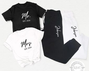 Mrs. and Mr. Shirt & Jogger Set, Personalized Wedding Gift, Honeymoon Outfit