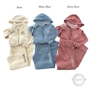 Zip ups and sweat shorts or joggers for bride and bridesmaids, getting ready outfit for bridal party, custom bridesmaids proposal gifts