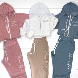 Getting ready outfit for bridesmaids, mother of the bride and groom, custom zip up hoodie and sweatpants set, personalized bridesmaid gifts