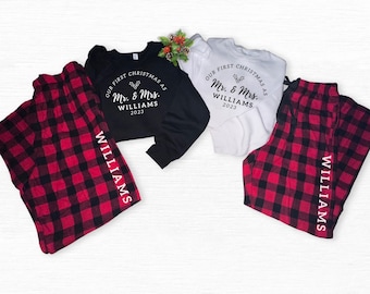1st Christmas as married couple Christmas pajamas, Mr and Mrs shirts and flannel pajamas, Mr and Mrs sweatshirts, Personalized pajama set