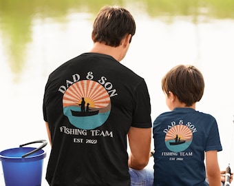 Bijpassende shirts voor vissersteam vader en zoon, gepersonaliseerd vaderdagcadeau