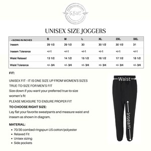 May include: Image showing a size guide for unisex joggers, with measurements in inches. The chart details inseam and waist sizes, fit information, and materials. A black jogger is illustrated with waist and inseam labels.