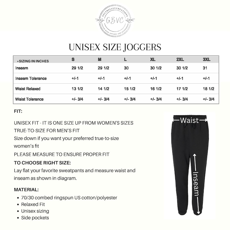 May include: Image showing a size guide for unisex joggers, with measurements in inches. The chart details inseam and waist sizes, fit information, and materials. A black jogger is illustrated with waist and inseam labels.