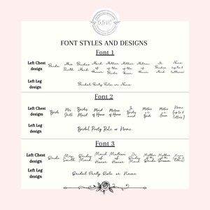 May include: A white background shows font styles and designs for wedding apparel. Text includes options for left chest and left leg designs, with examples like "Bride," "Bridesmaid," and "Bridal Party Role or Name."